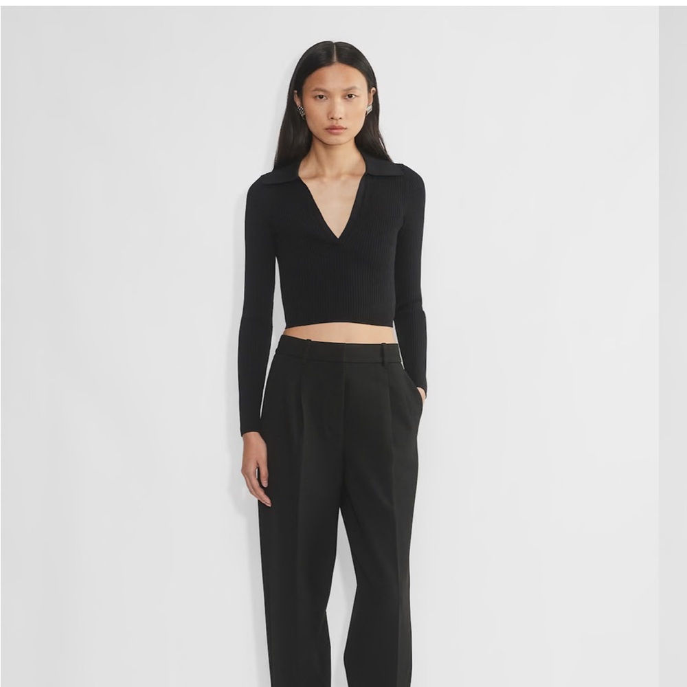 Babaton Ribbed Knit Polo Longsleeve - Black